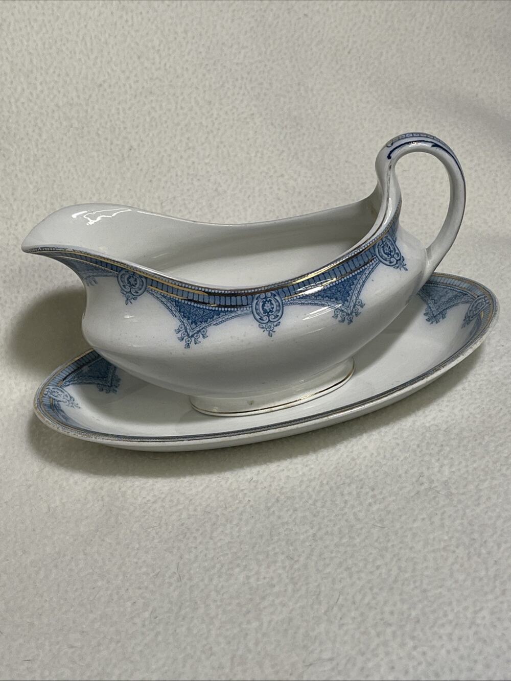 J & G Meakin Ipswich Gravy Boat and Plate - Blue, White and Gold Hanley, England